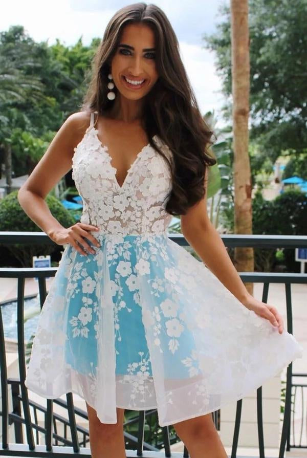 Rosalind |A-Line V-Neck Sky Blue Homecomig Dress with Appliques