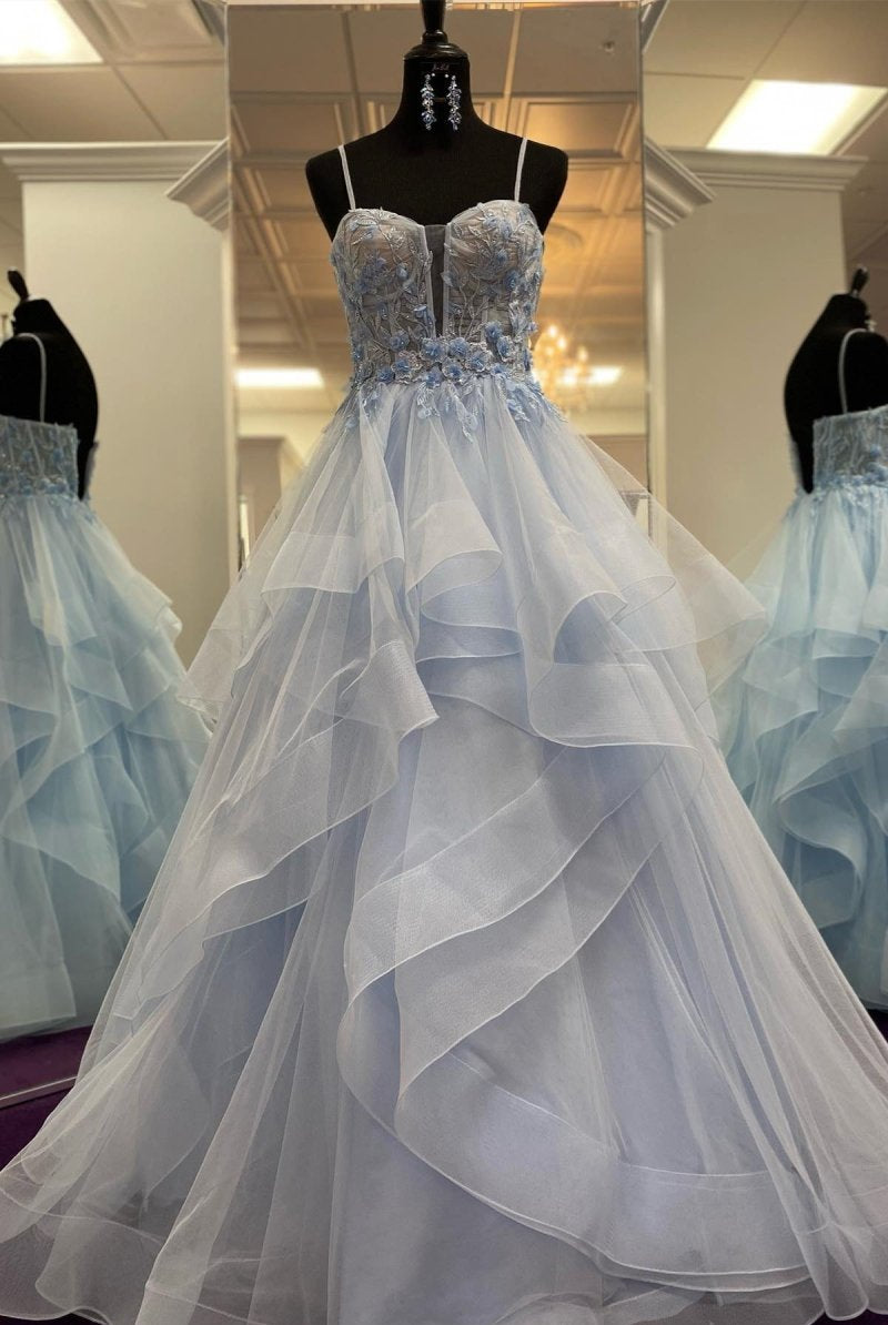 Channel | Light Blue Straps Layers Floral A - line Long Prom Dress - KissProm