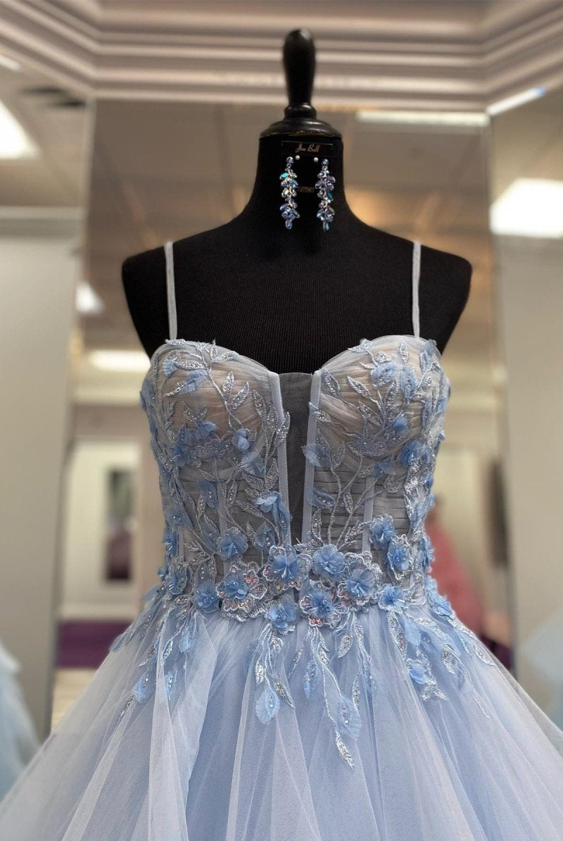 Channel | Light Blue Straps Layers Floral A - line Long Prom Dress - KissProm