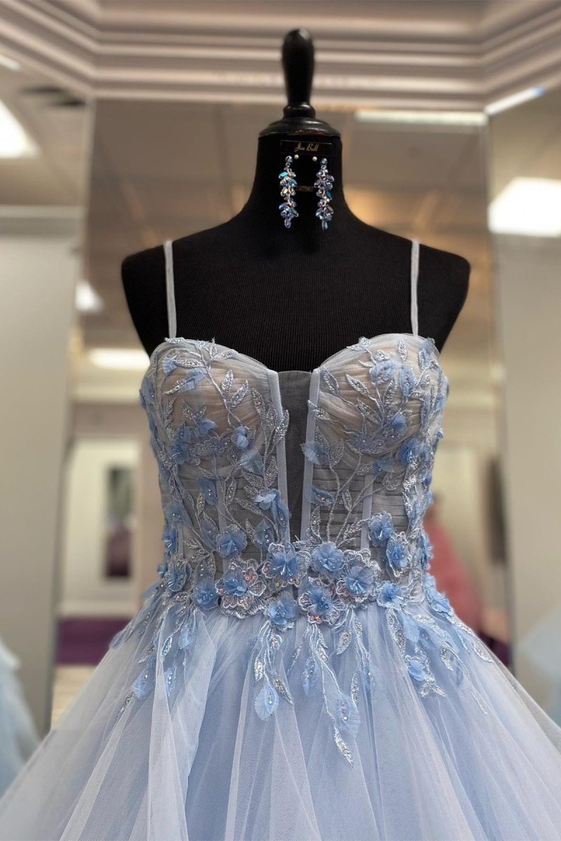 Channel | Light Blue Straps Layers Floral A - line Long Prom Dress - KissProm