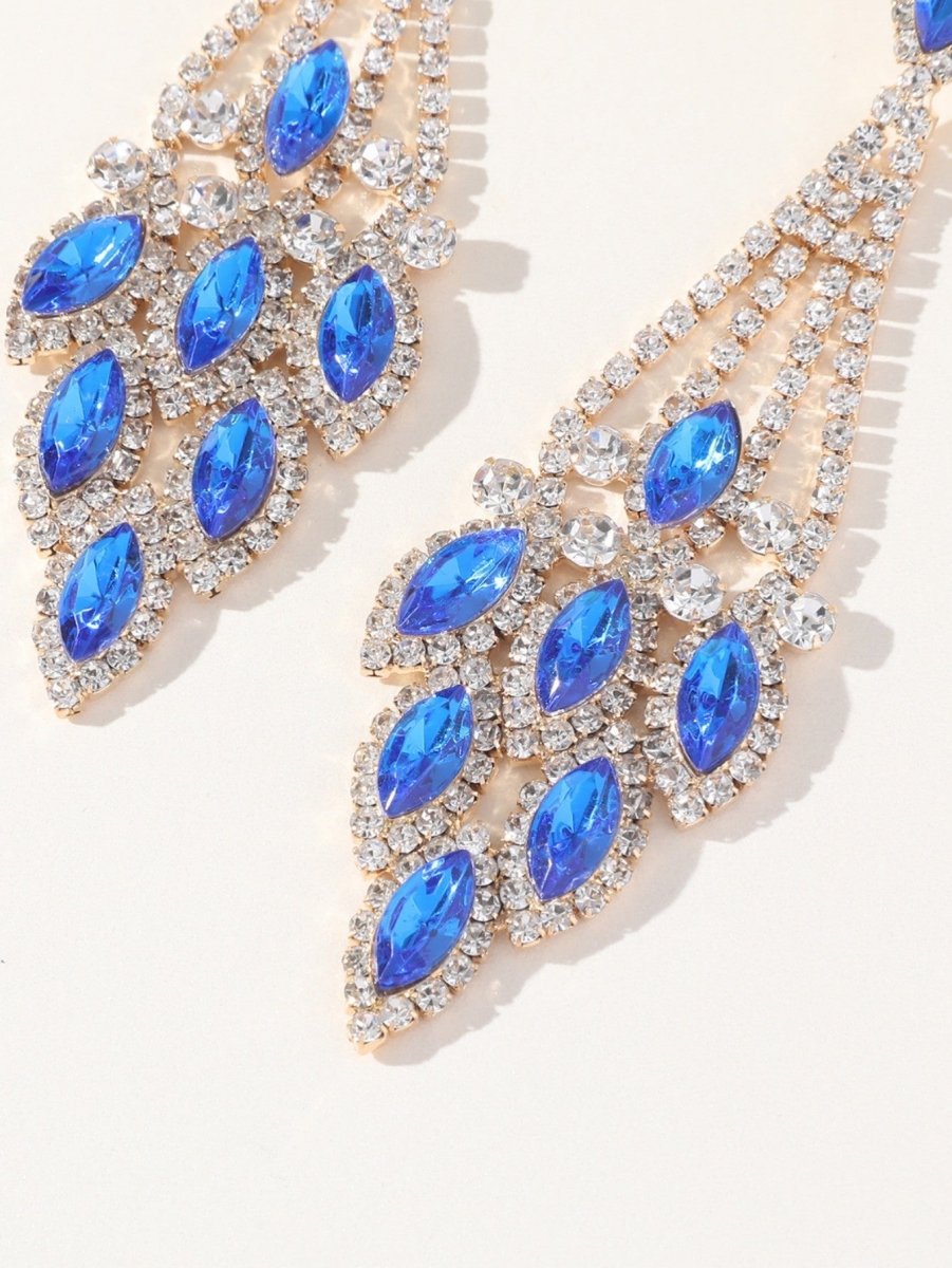 Blue Statement Rhinestones Tassel Long Earrings - KissProm
