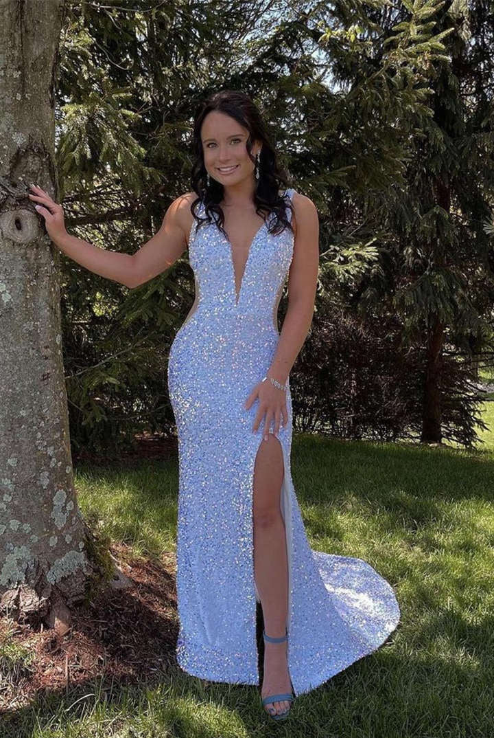 Glitter V-Neck Backless Sequins Long Mermaid Prom Dress