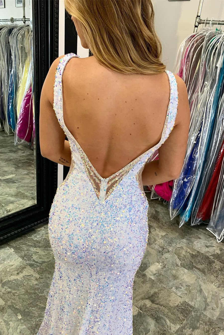 Glitter V-Neck Backless Sequins Long Mermaid Prom Dress