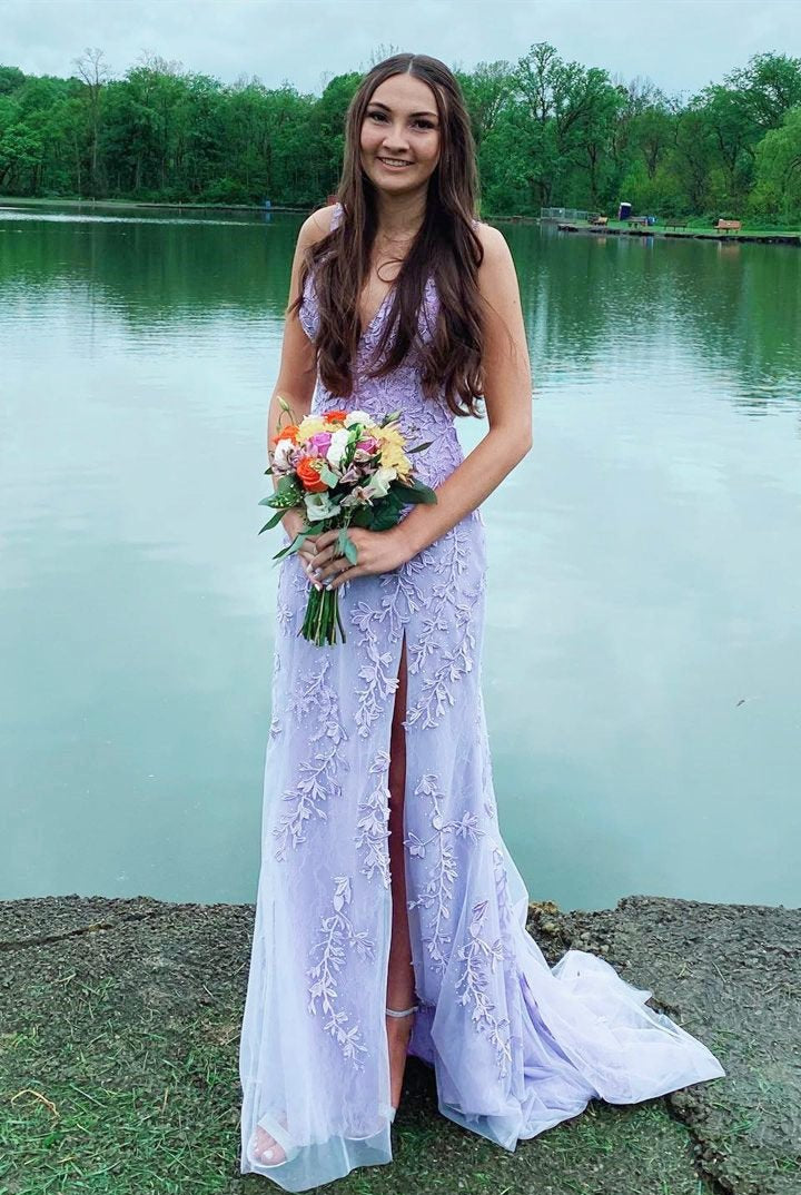 Kalista | Elegant V-Neck Light Yellow long Prom Dress with Lace Appliques