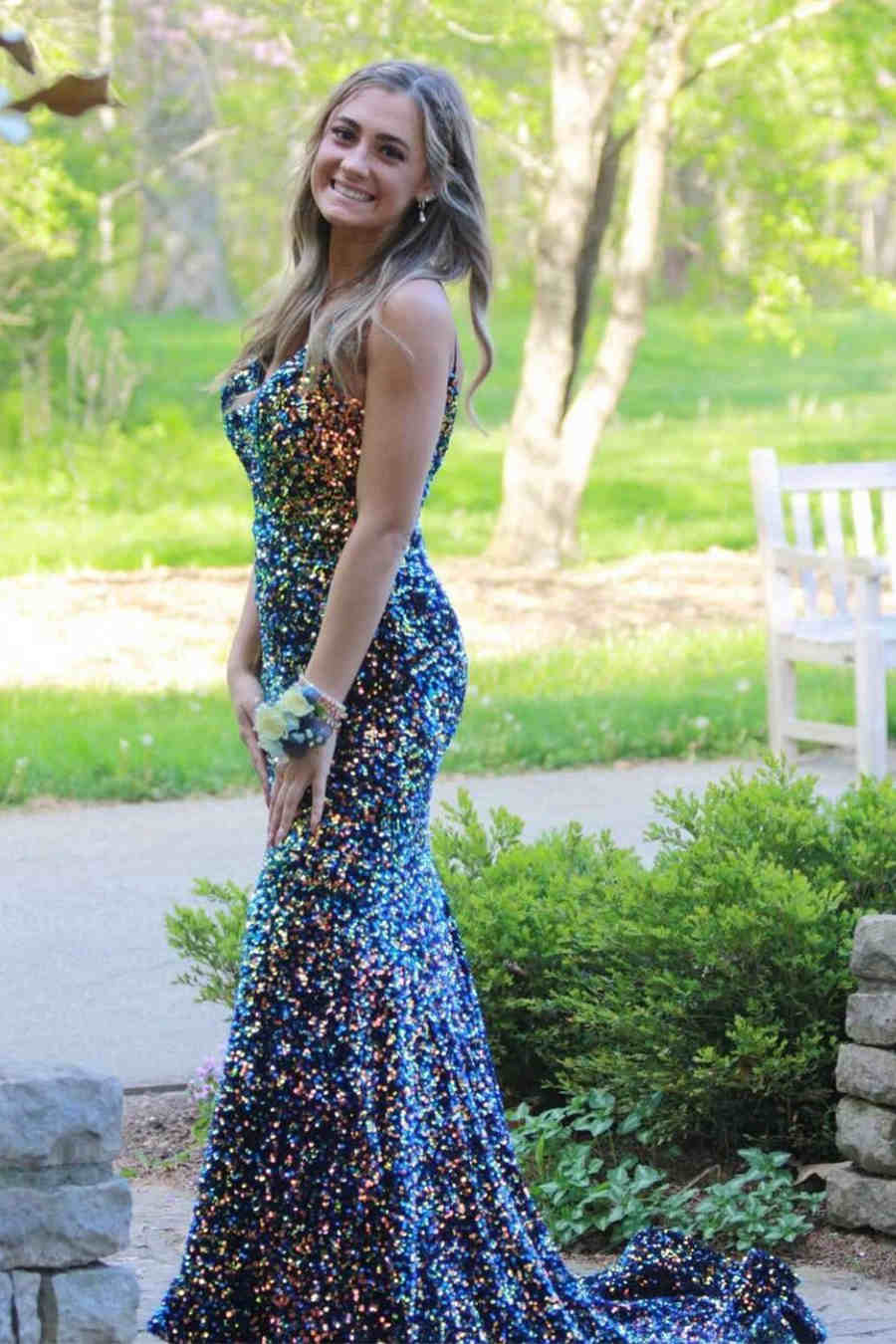 DDreamdressy Sparkly Straps Navy Blue Sequin Long Prom Dress with Slit US 26W / The Same As Picture