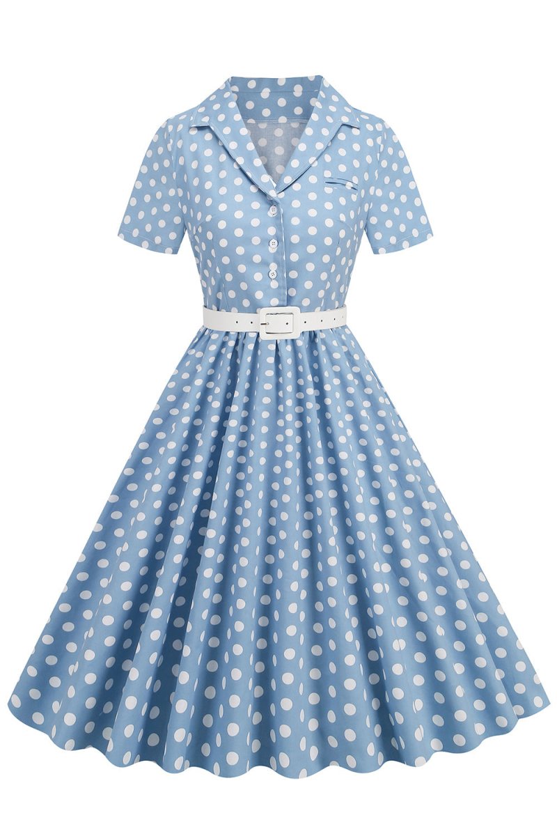 Hepburn Style V Neck Blue Polka Dots 1950s Dress - KissProm