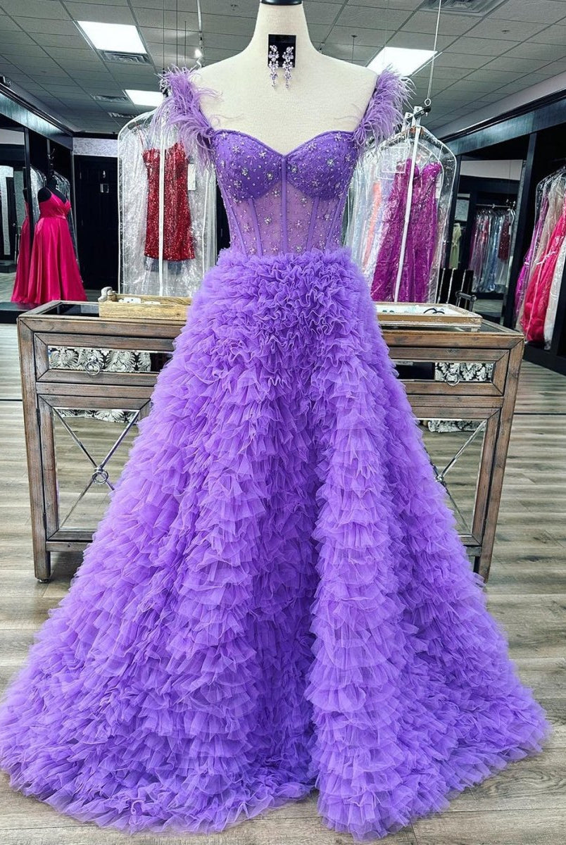 Ingrid |A Line Sweetheart Tiered Tulle Long Prom Dress With Slit