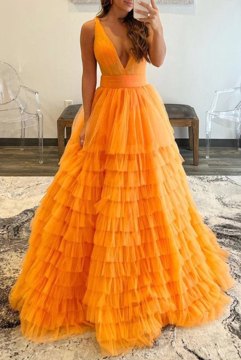Reese |A-line Orange V-Neck Tulle Long Prom Dress