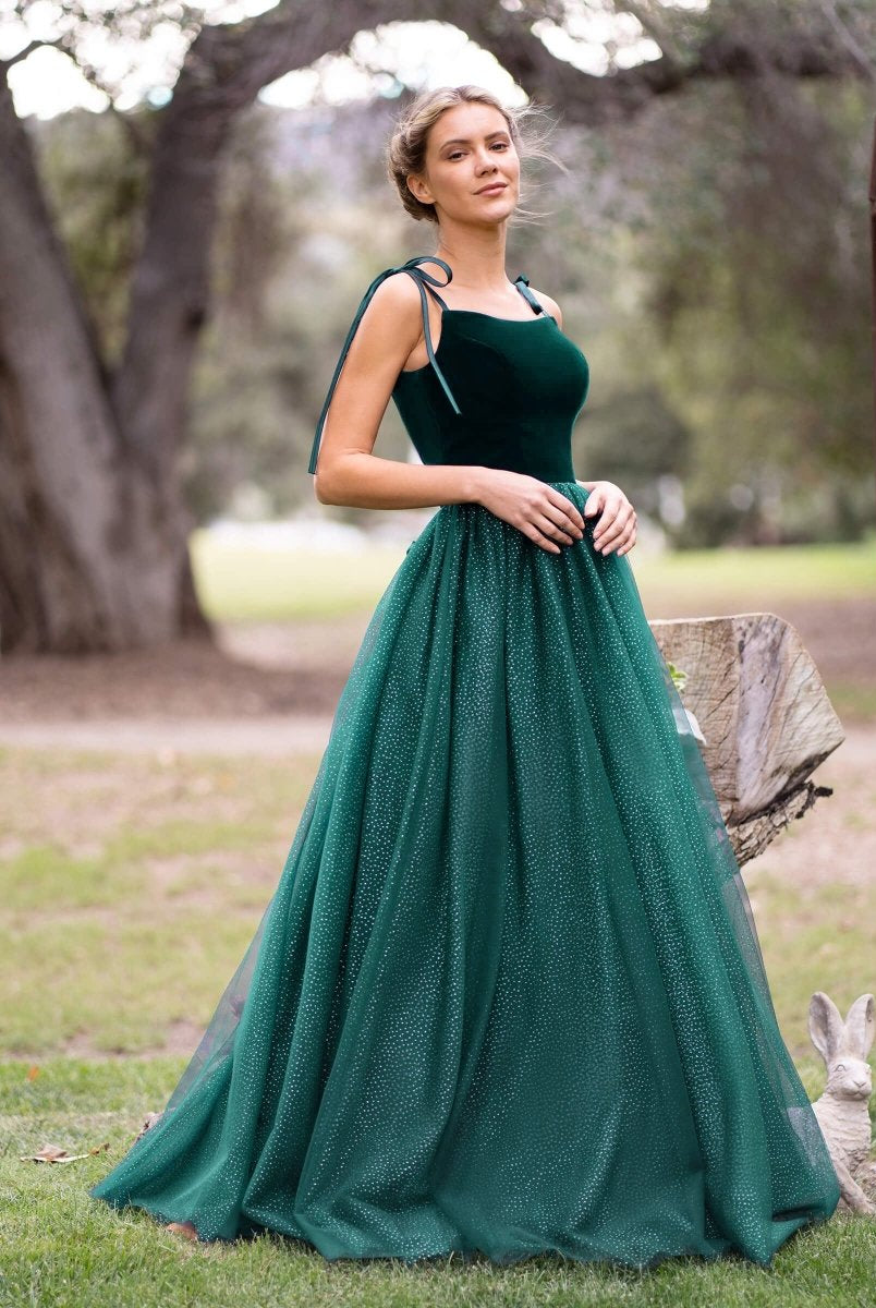 Spagatti Straps Velvet Tulle Floor Length Prom Dress