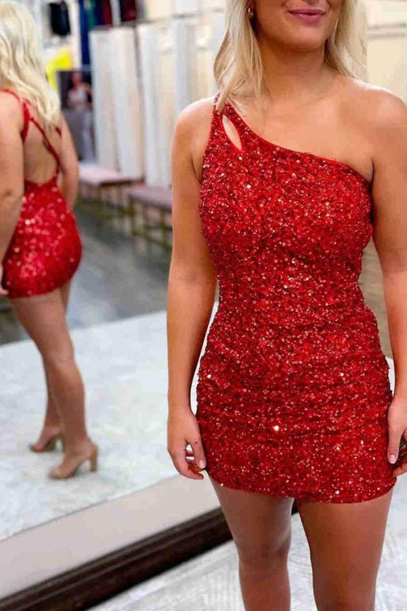 Magdalene |Sparkly Bodycon One Shoulder Sequins Short Homecoming Dress with Keyhole