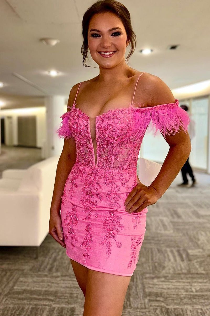 Queenie |Sheath Off the Shoulder Pink Lace Homecoming Dress