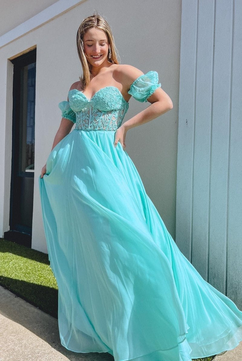 Rachel |A line Sweetheart Chiffon Prom Dress with Puff Sleeves