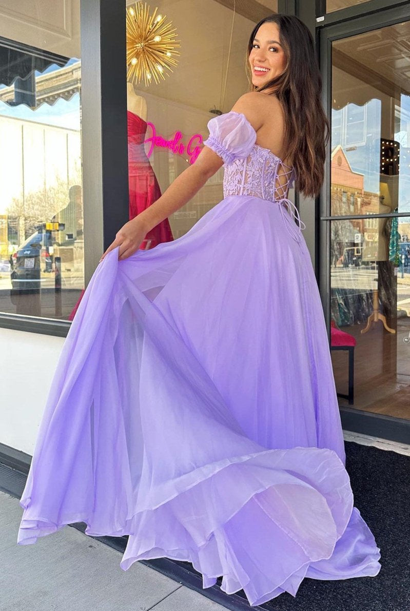 Rachel |A line Sweetheart Chiffon Prom Dress with Puff Sleeves