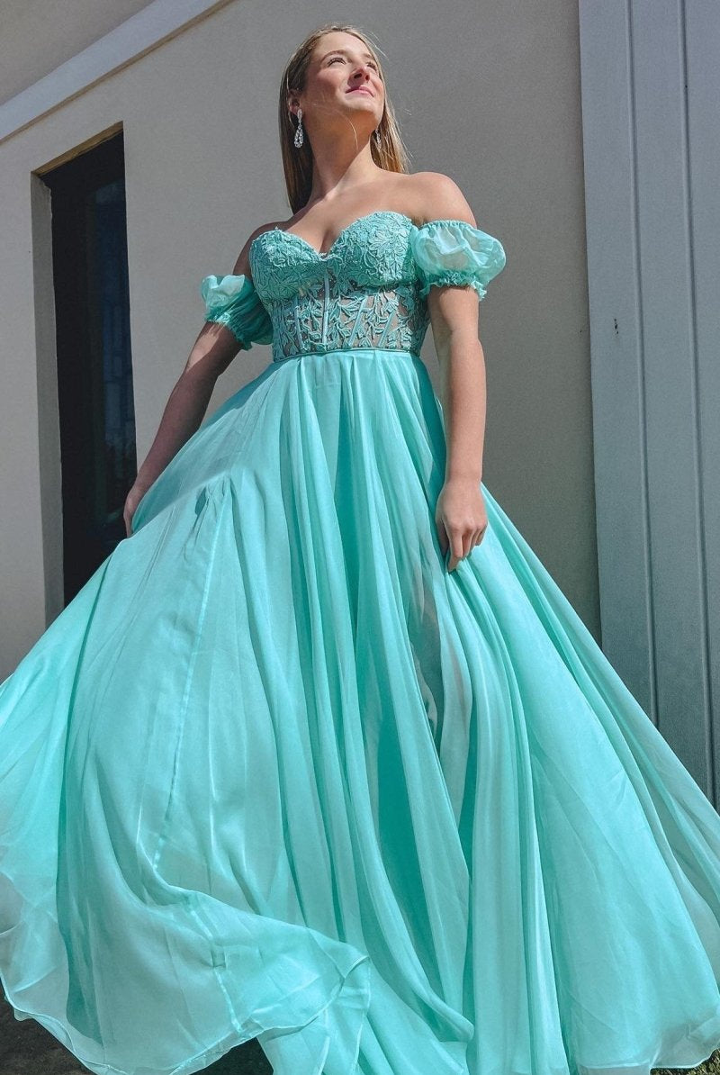 Rachel |A line Sweetheart Chiffon Prom Dress with Puff Sleeves