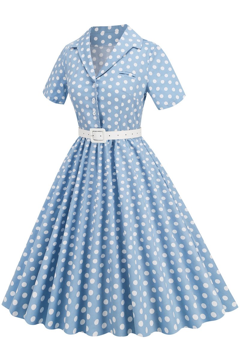Hepburn Style V Neck Blue Polka Dots 1950s Dress - KissProm
