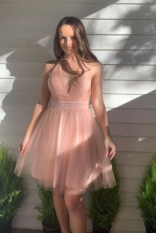 Winifred |A-line Blush Deep V-Neck Tulle Homecoming Dress