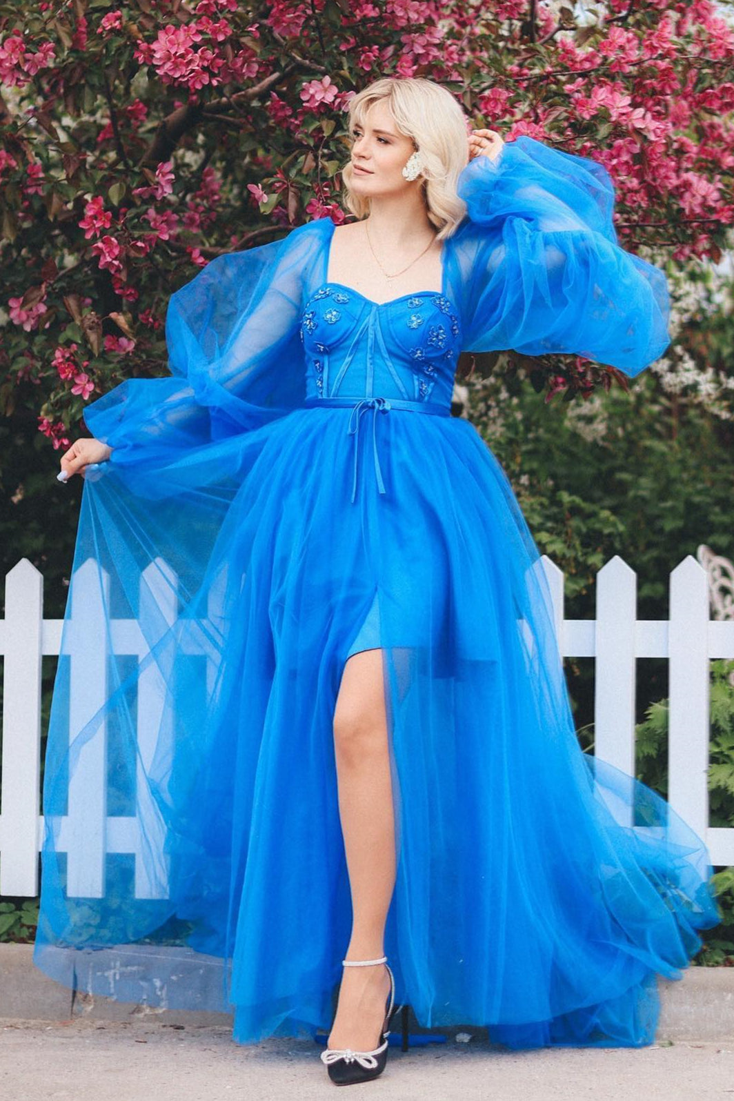 KissProm Adelynn |A Line Long Sleeves Satin Tulle Prom Dress with Slit, Blue / 12