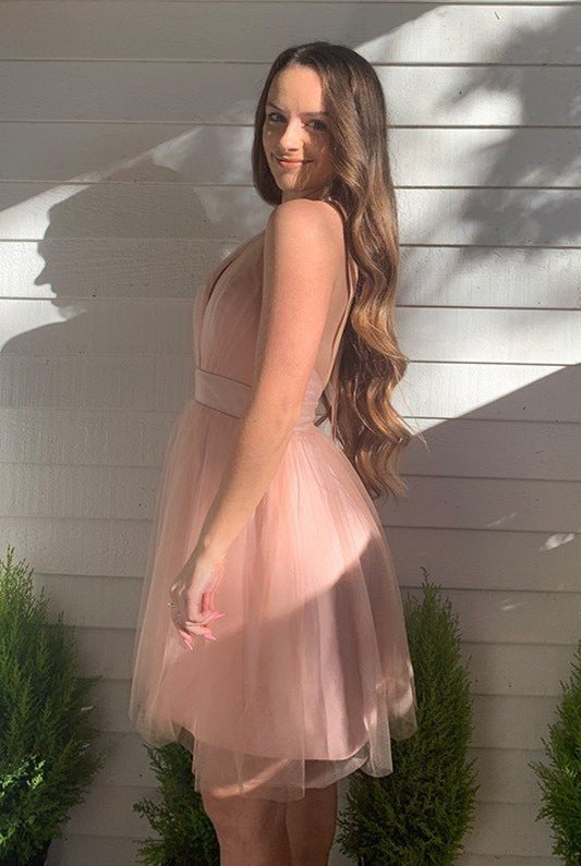 Winifred |A-line Blush Deep V-Neck Tulle Homecoming Dress