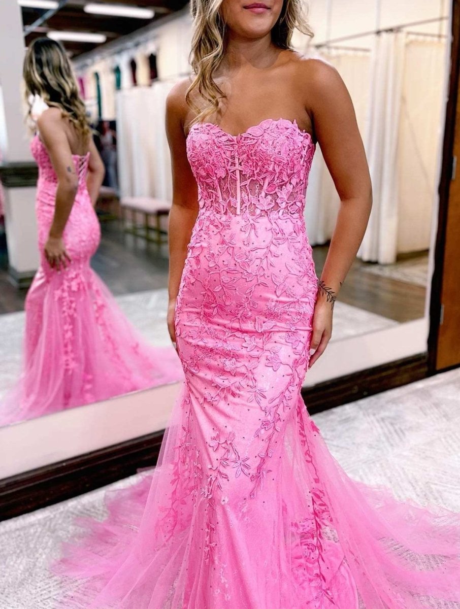 Tinsley Hot Pink Mermaid Sweetheart Tulle Lace Prom Dress with Appliques KissProm
