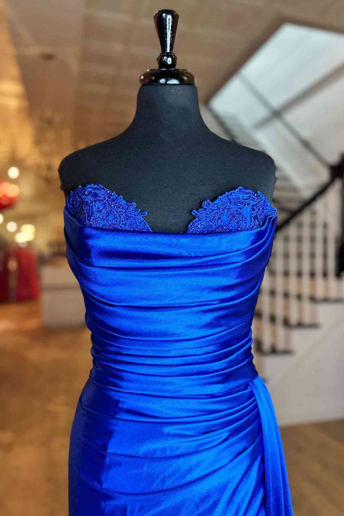 Fuchsia Strapless Mermaid Satin Pleated Long Prom Dress - KissProm