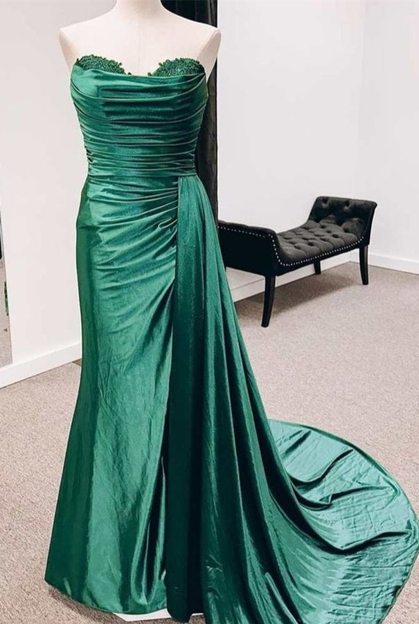 Fuchsia Strapless Mermaid Satin Pleated Long Prom Dress - KissProm