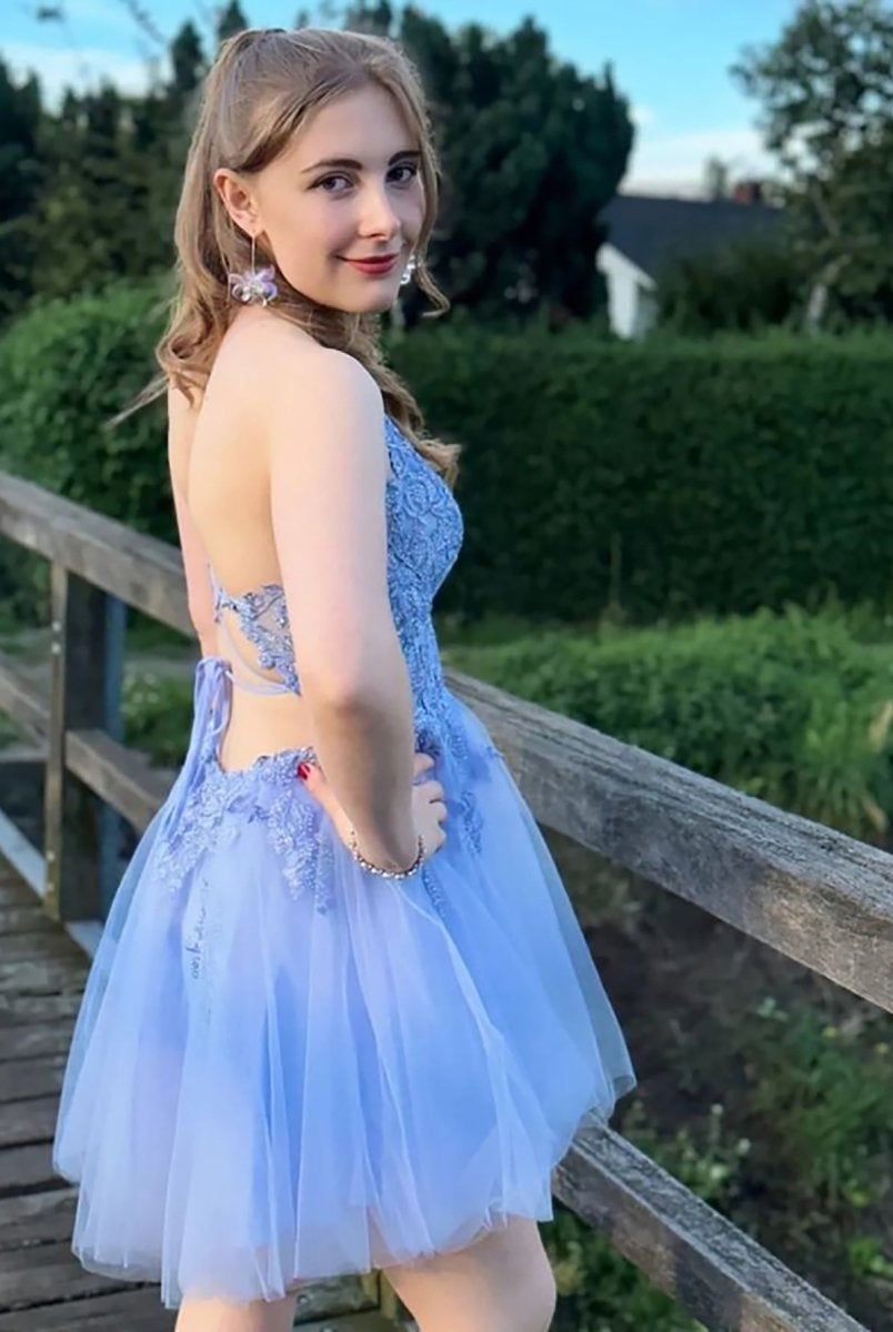 Anya | A Line Applique BlushTulle Short Homecoming Dress