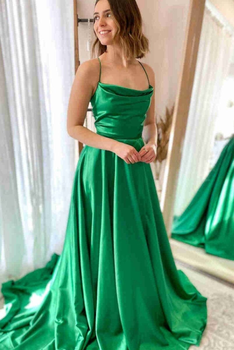 Araya |A Line Cowl Neck Satin Prom Dress With Slit - KissProm