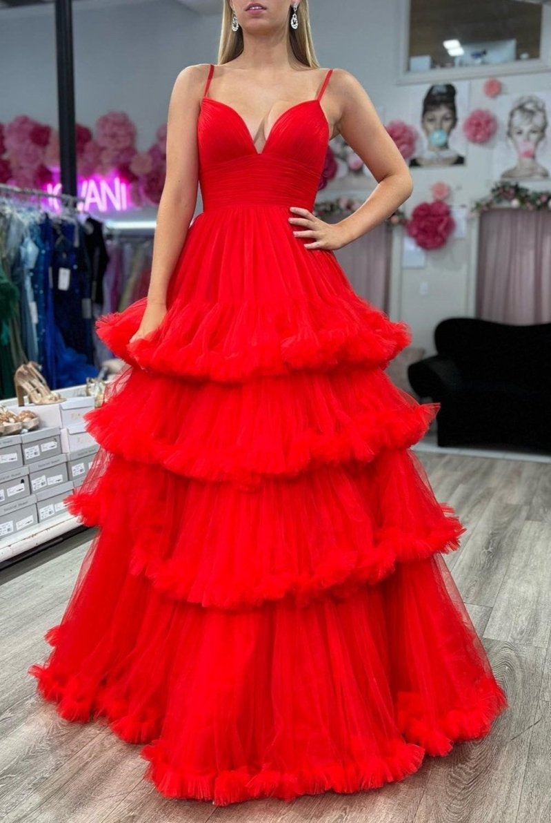 Wrenlee |A-line V-Neck Tulle Prom Dress with Tiered Ruffles