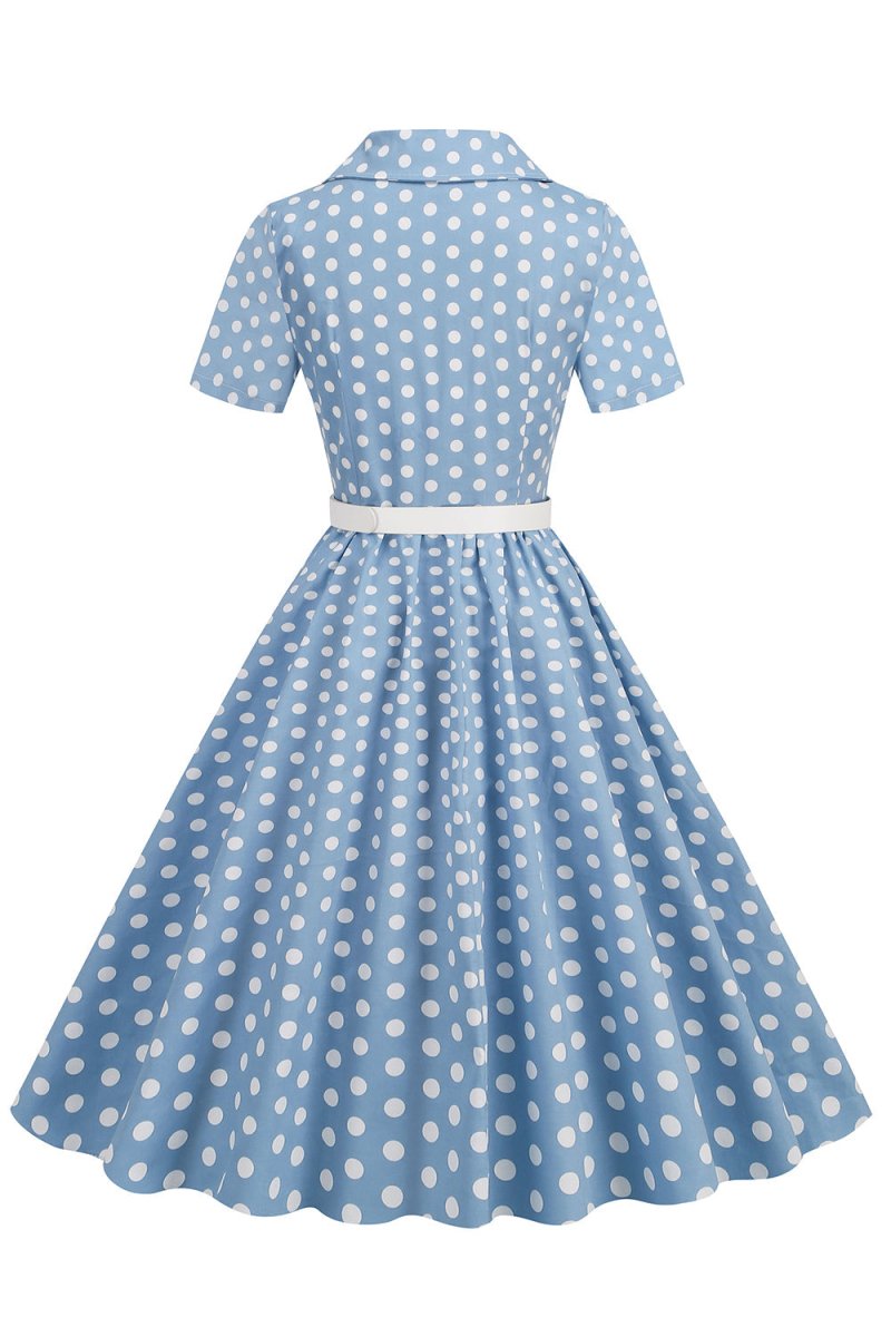 Hepburn Style V Neck Blue Polka Dots 1950s Dress - KissProm