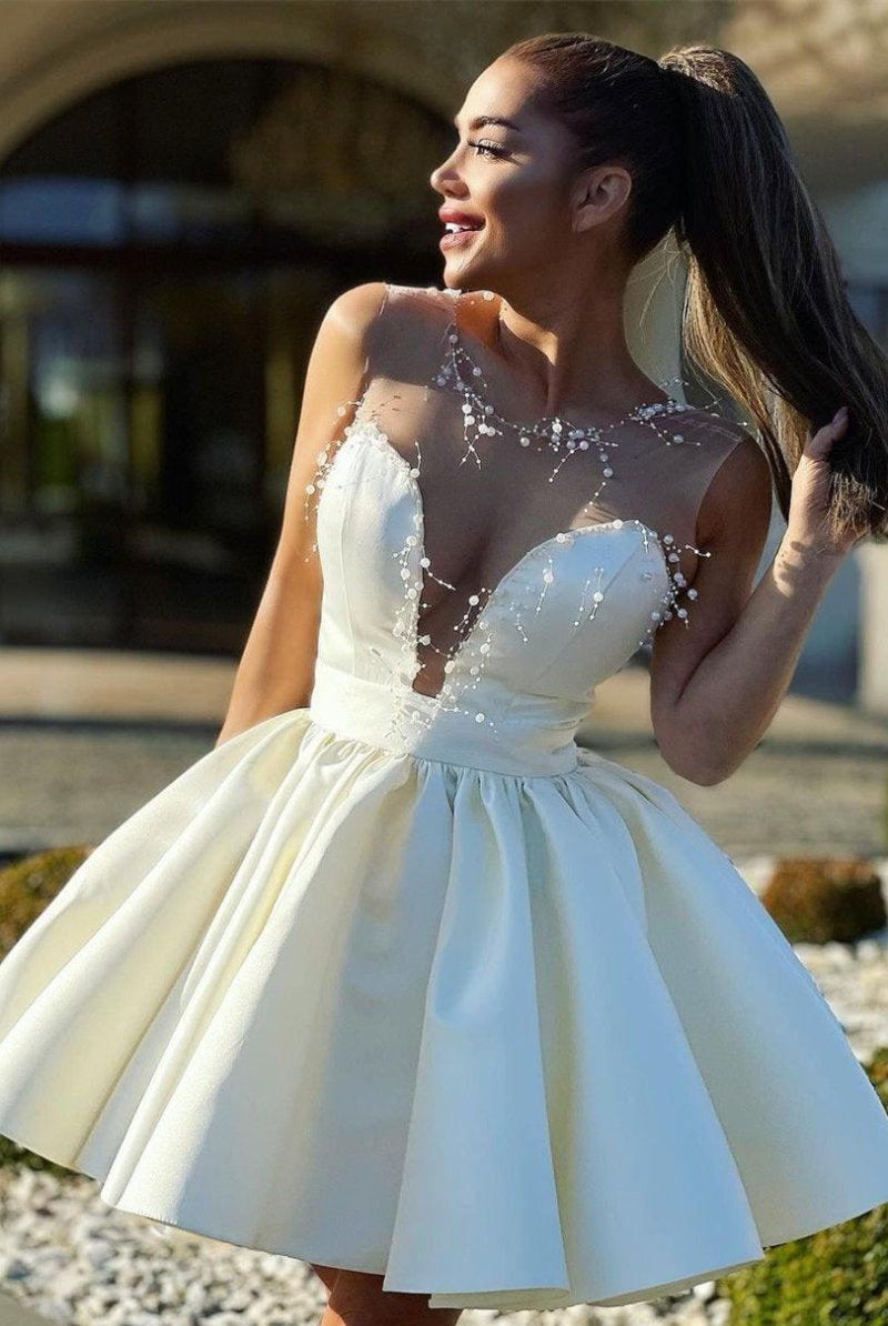 Seraphina |A-Line Illusion Neck Ivory Short Homecoming Dress with Beads