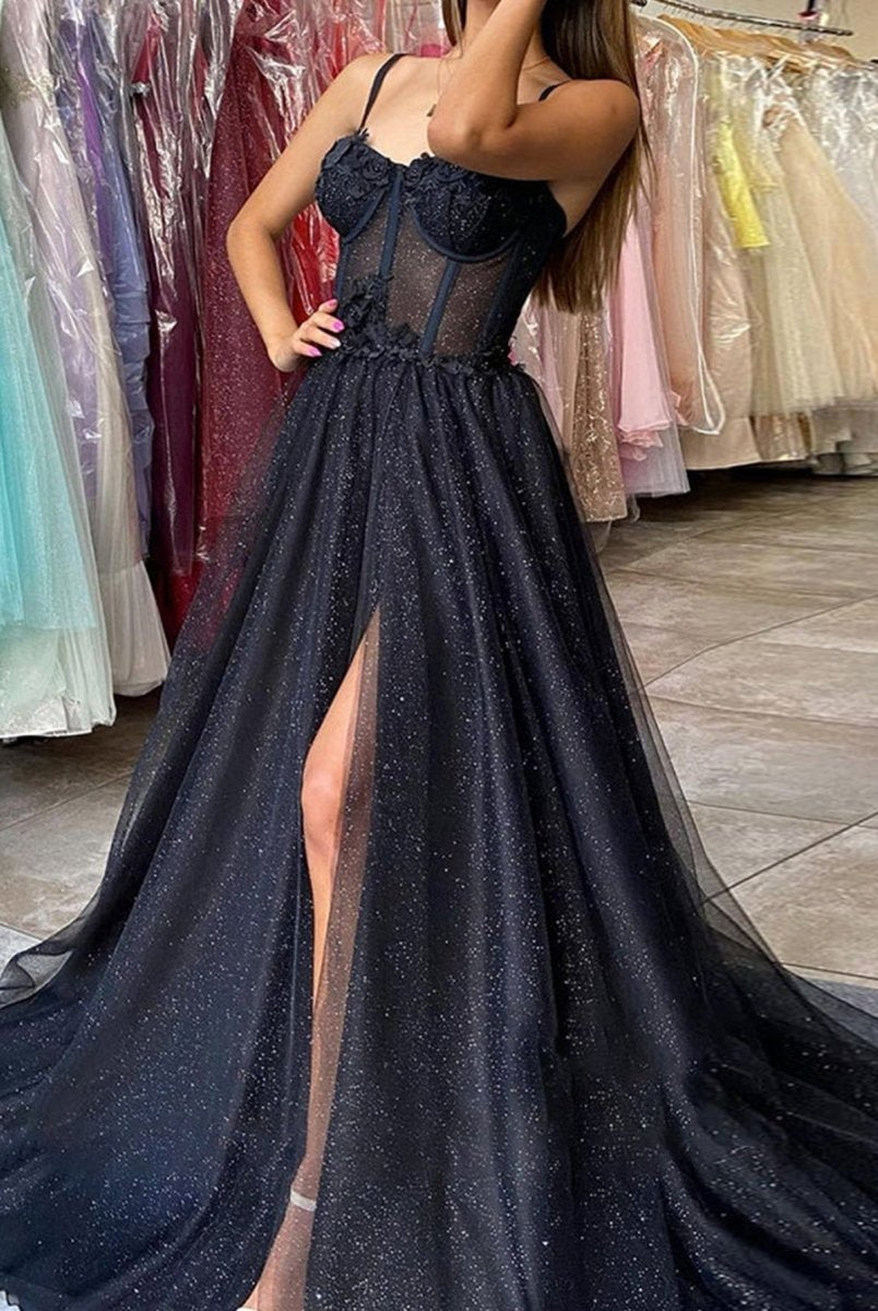 Keily |A-line Spaghetti Straps Glitter Tulle Prom Dress