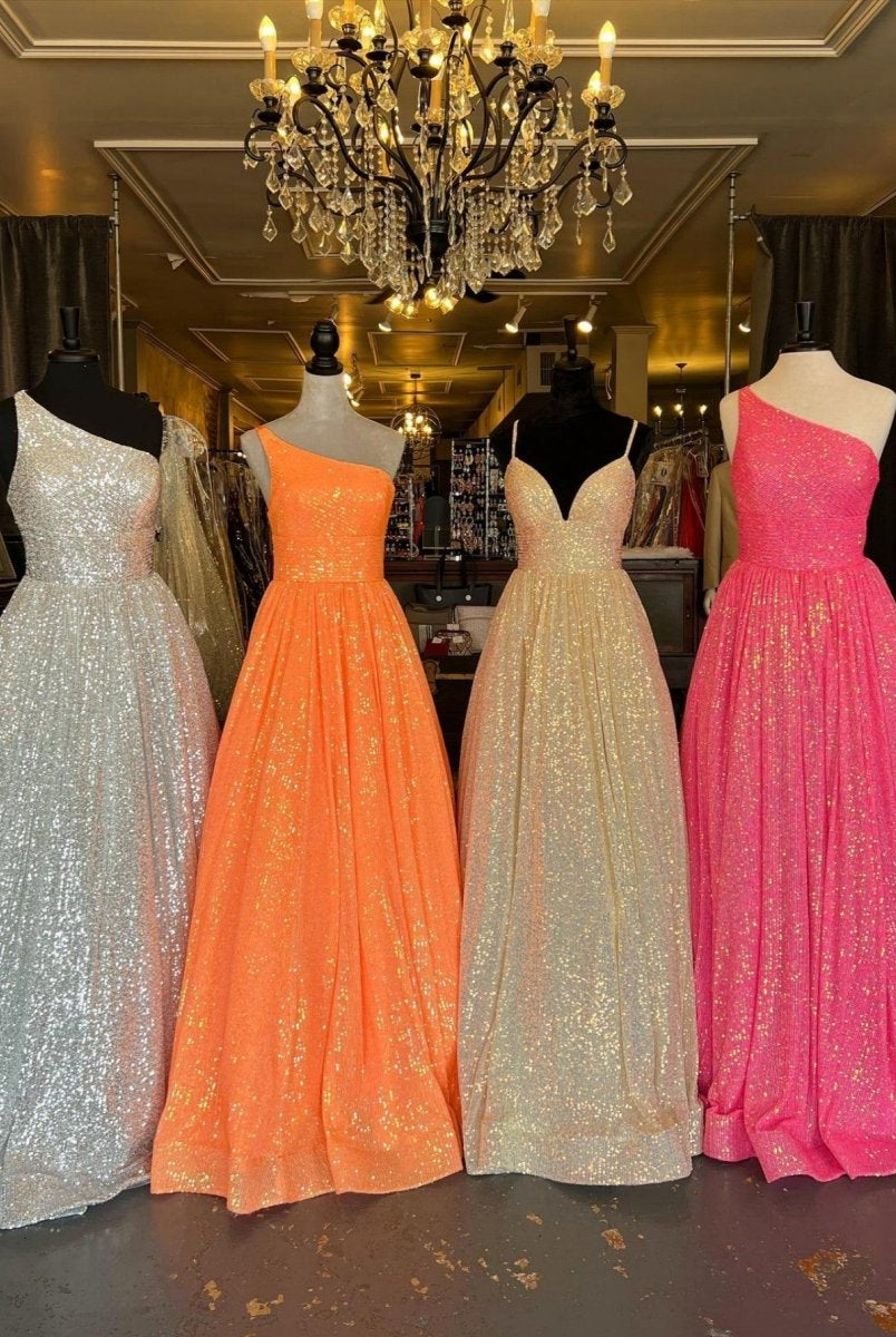 Charlee |A-Line One Shoulder Sequins Prom Dress with Pockets