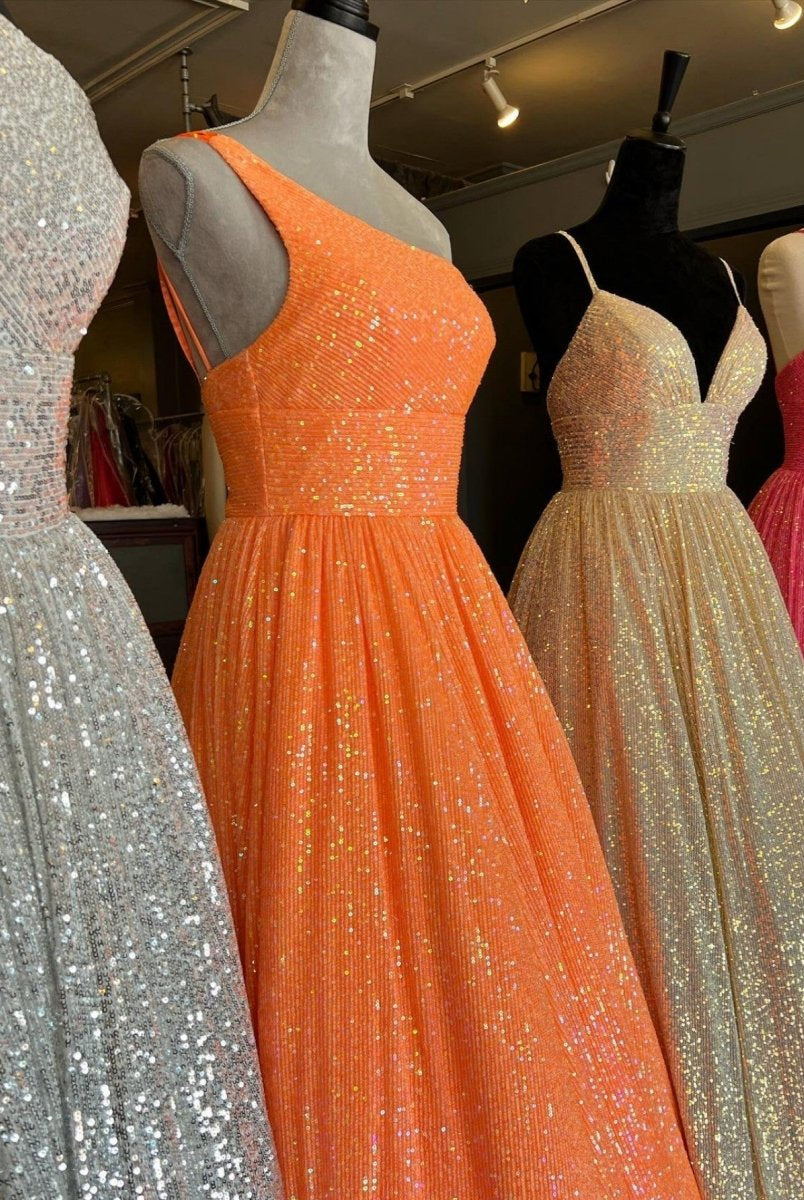 Charlee |A-Line One Shoulder Sequins Prom Dress with Pockets