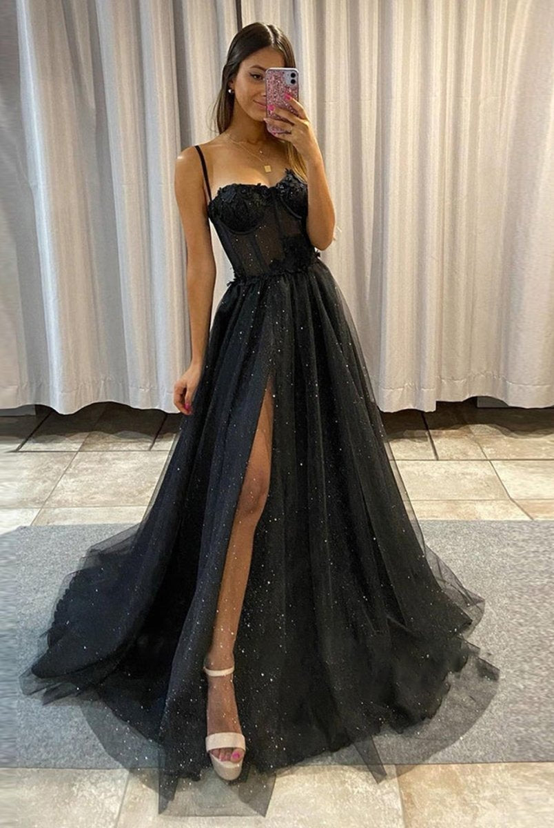 Keily |A-line Spaghetti Straps Glitter Tulle Prom Dress