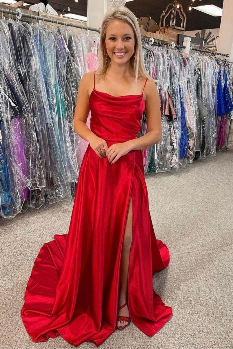 Araya |A Line Cowl Neck Satin Prom Dress With Slit - KissProm