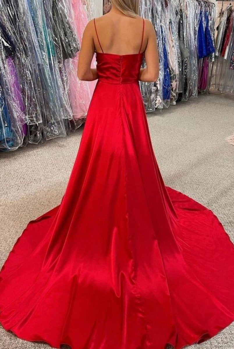 Araya |A Line Cowl Neck Satin Prom Dress With Slit - KissProm