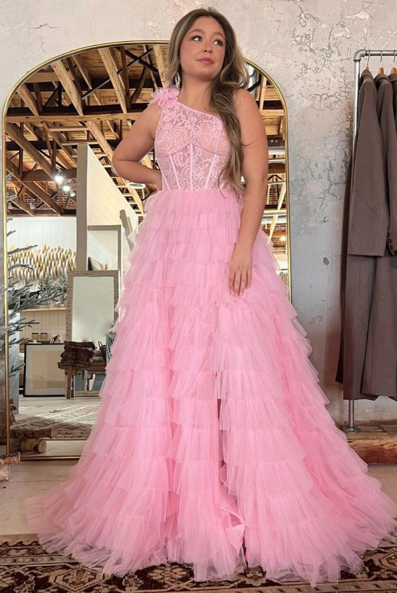 Kinsley | A Line One Shoulder Tiered Long Prom Dress