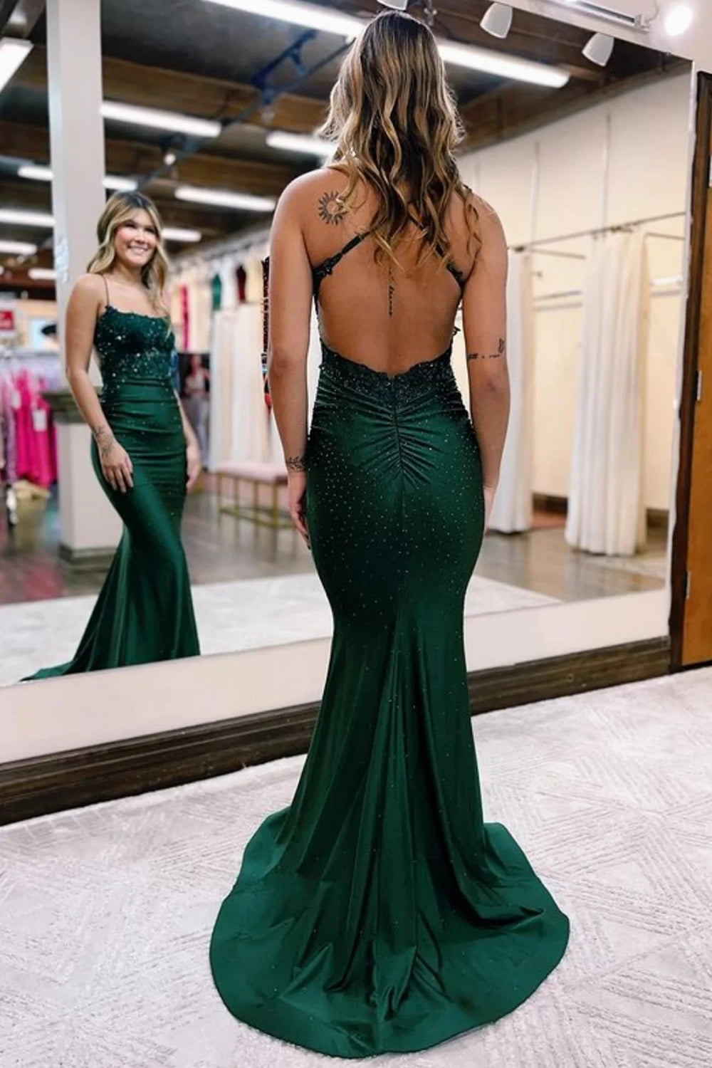 Jimena |Mermaid Spaghetti Straps Dark Green Long Prom Dress with Appliques