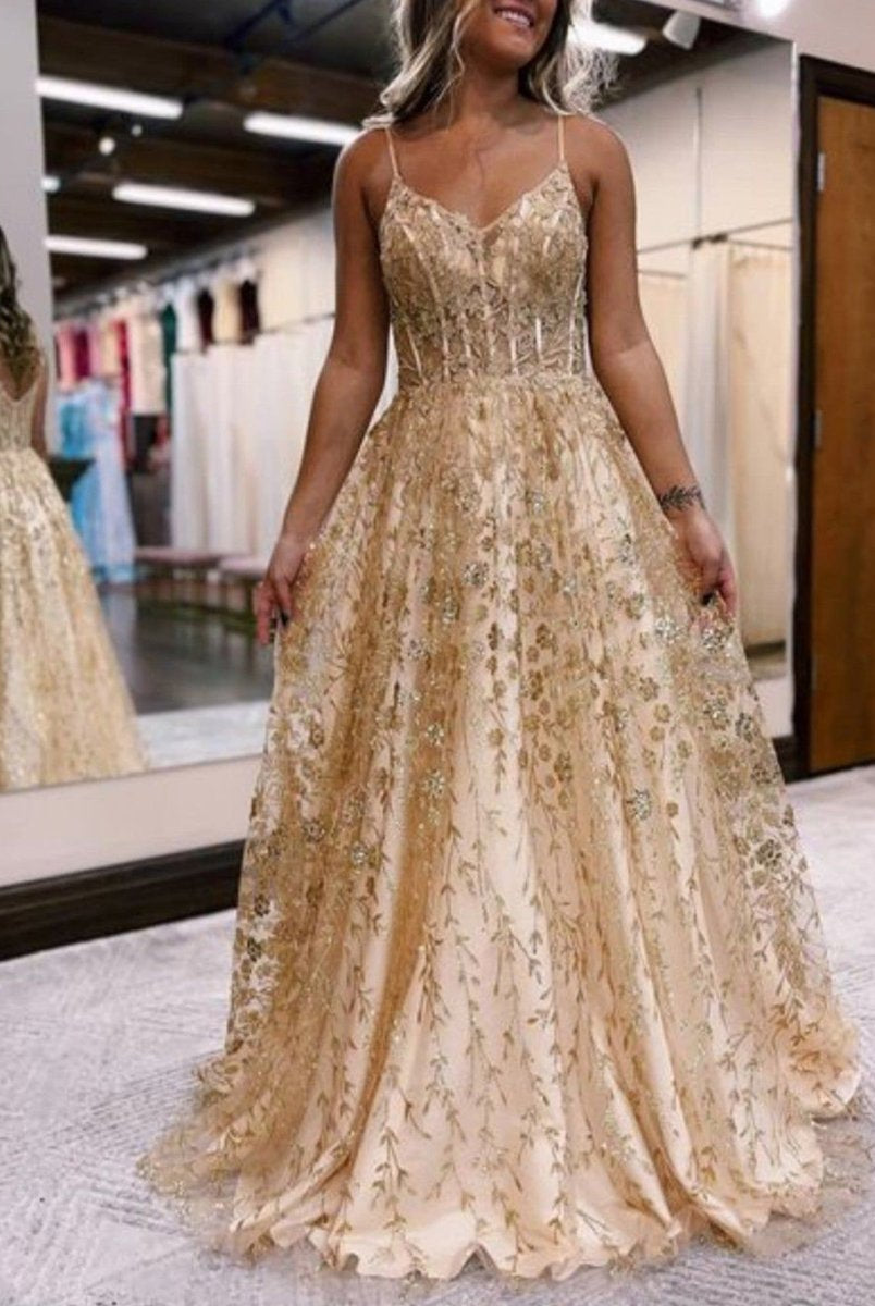 A Line Spaghetti Straps Lilac Corset Prom Dress with Appliques