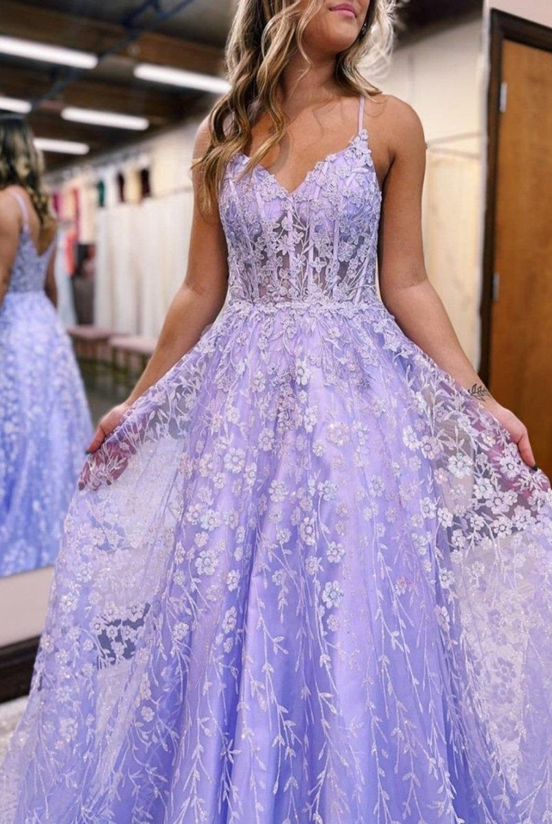 A Line Spaghetti Straps Lilac Corset Prom Dress with Appliques