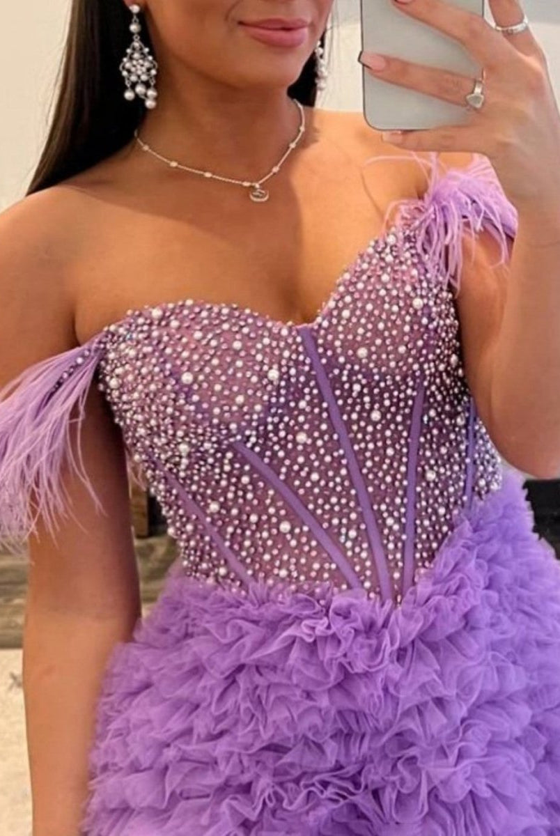 Astrid |A Line Off the Shoulder Tiered Tulle Prom Dress With Slit