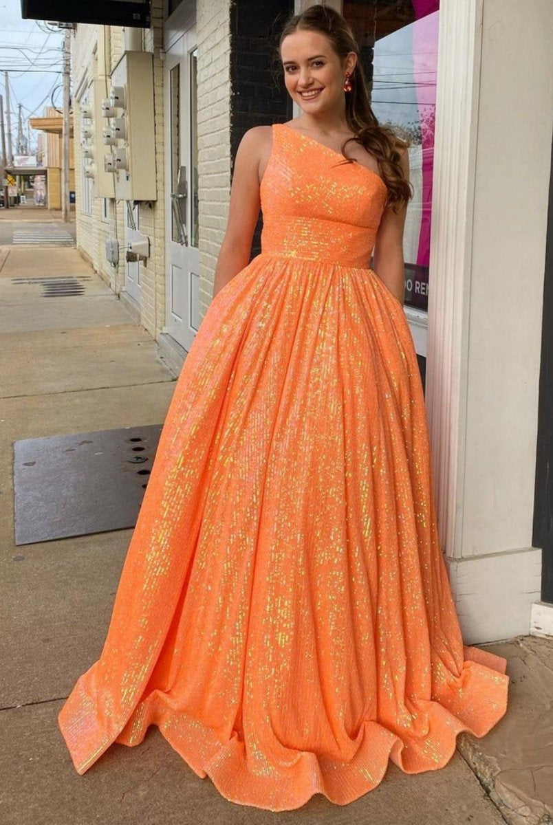 Charlee |A-Line One Shoulder Sequins Prom Dress with Pockets