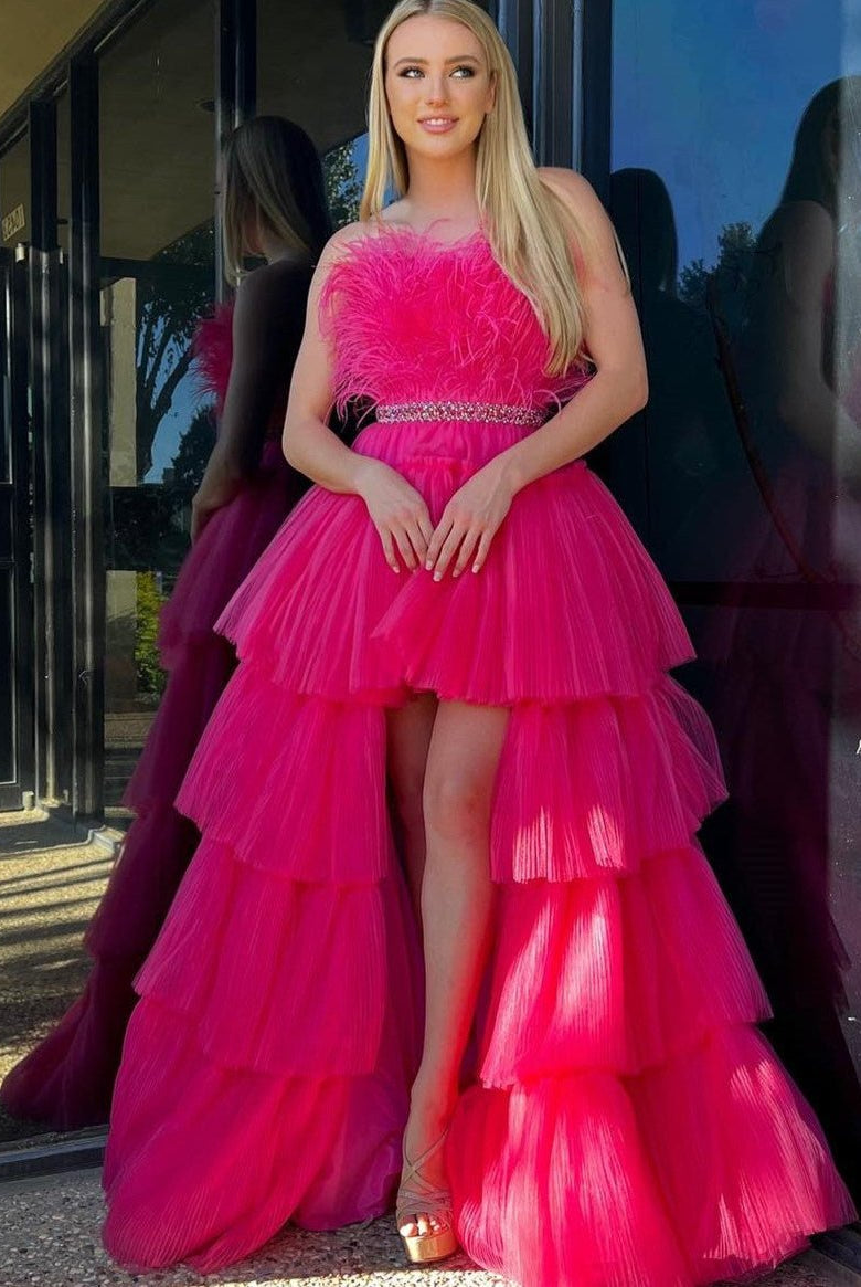Marie| A-line High-Low Strapless Ruffled Tulle Prom Dress with Feathers