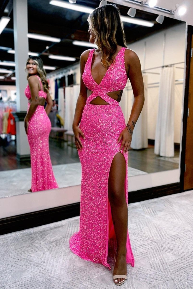 Salma |Mermaid V Neck Sequins Prom Dress with Slit