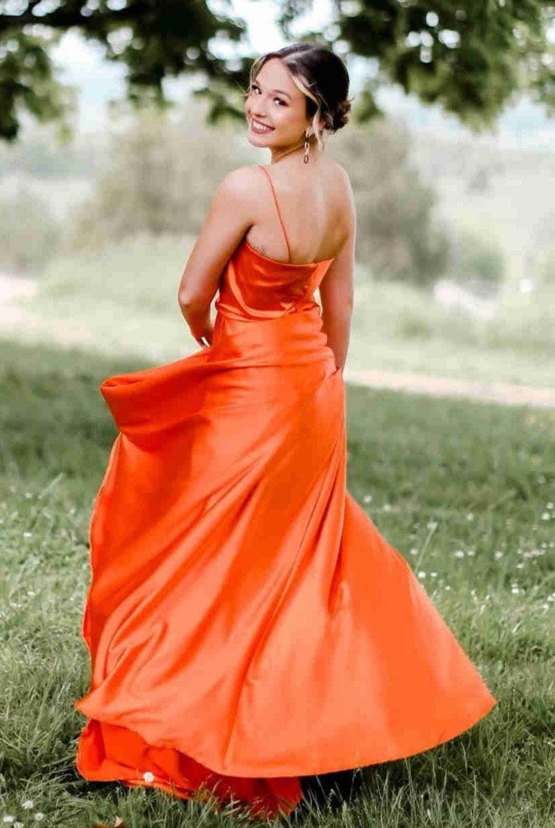 Araya |A Line Cowl Neck Satin Prom Dress With Slit - KissProm