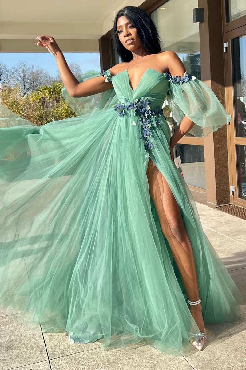 Whitley | Green Tulle 3D Floral Lace Off - the - Shoulder A - Line Long Prom Dress - KissProm
