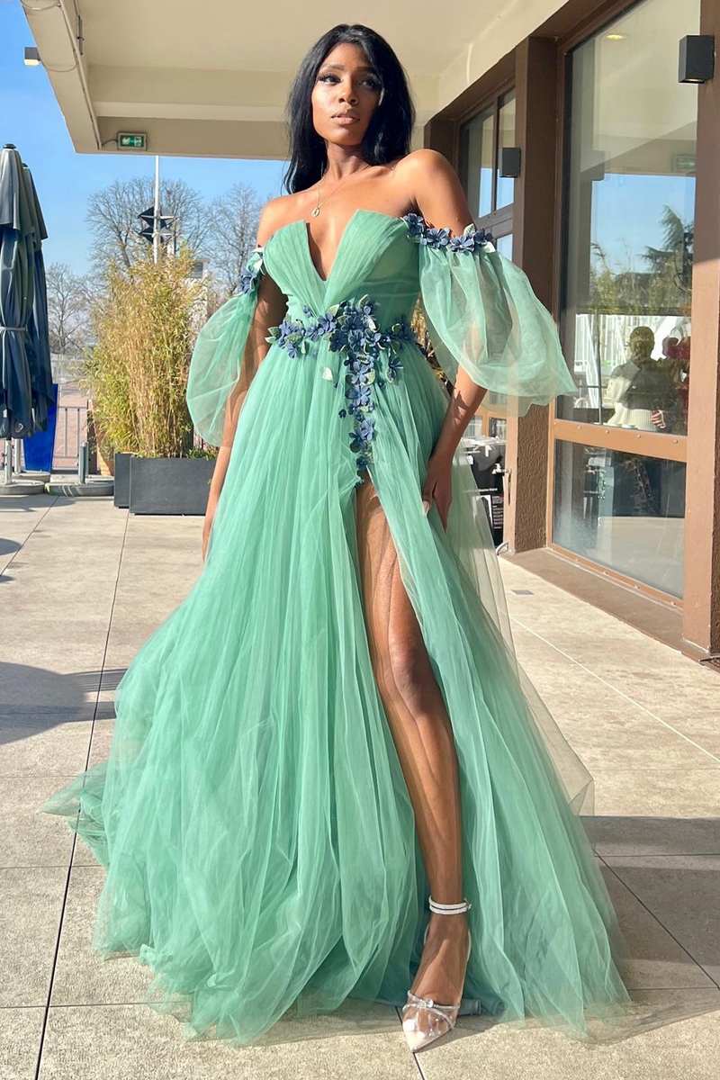 Whitley | Green Tulle 3D Floral Lace Off - the - Shoulder A - Line Long Prom Dress - KissProm
