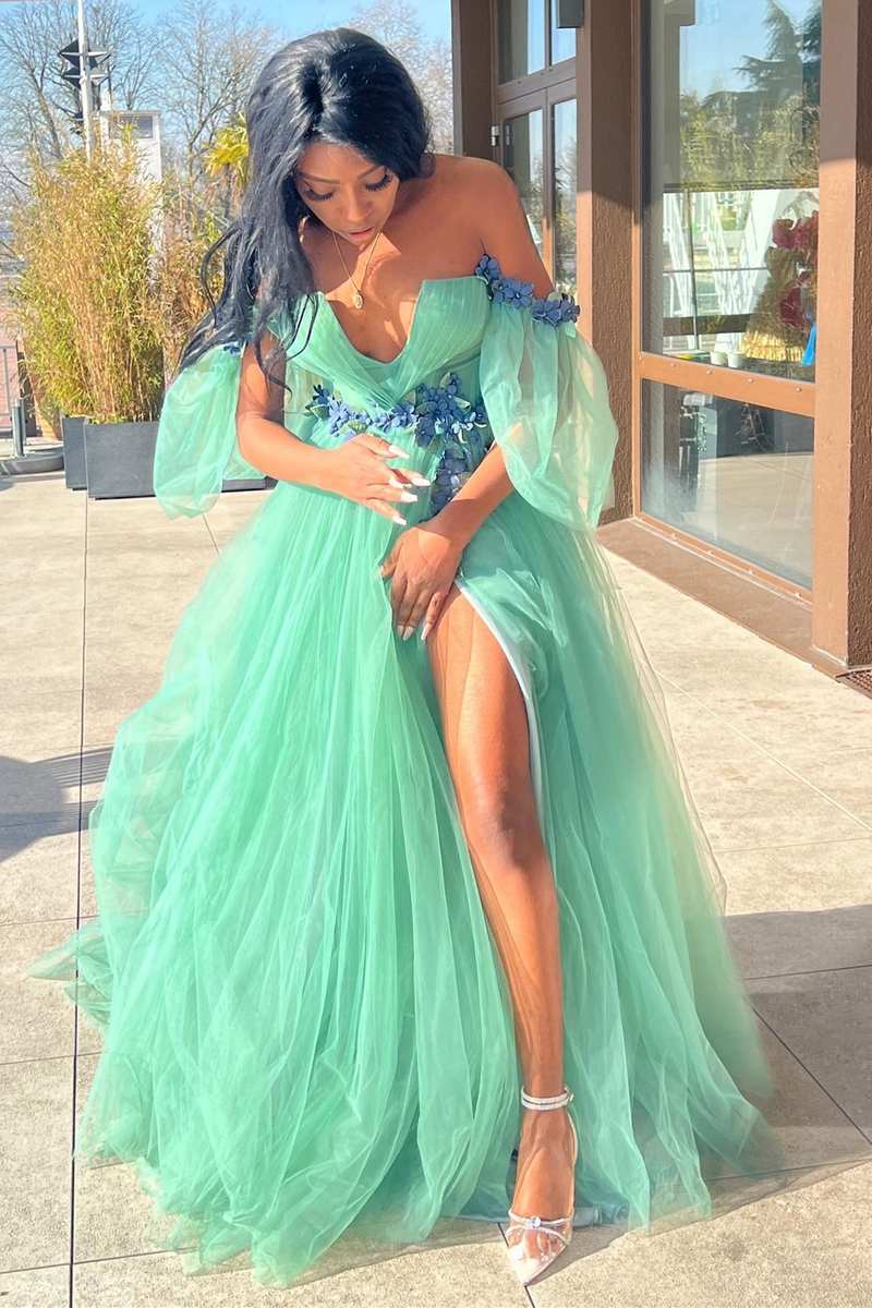 Whitley | Green Tulle 3D Floral Lace Off - the - Shoulder A - Line Long Prom Dress - KissProm