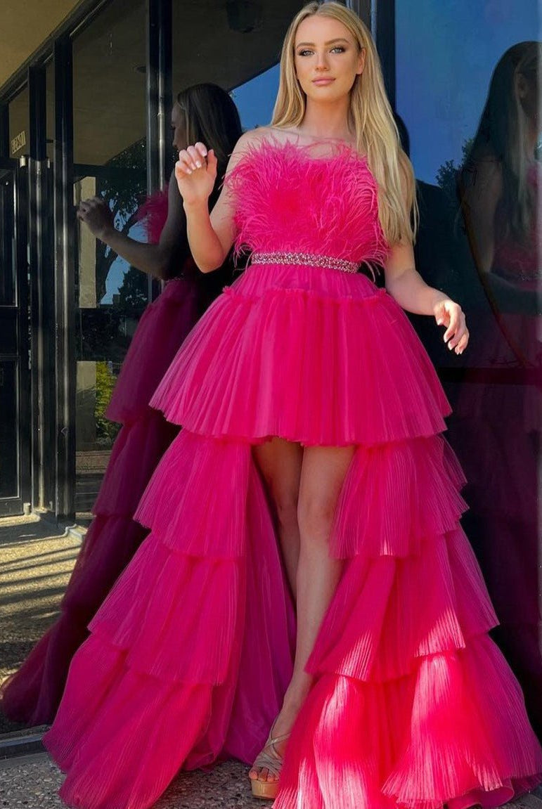 Marie| A-line High-Low Strapless Ruffled Tulle Prom Dress with Feathers