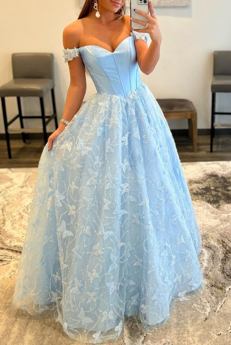 Anaya |A Line Off the Shoulder Satin Lace Prom Dress